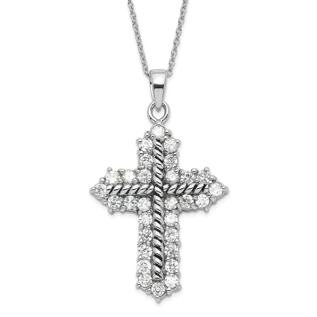 Sophia Jewelers Sterling Silver CZ Cross Necklace with Polished Antiqued Finish