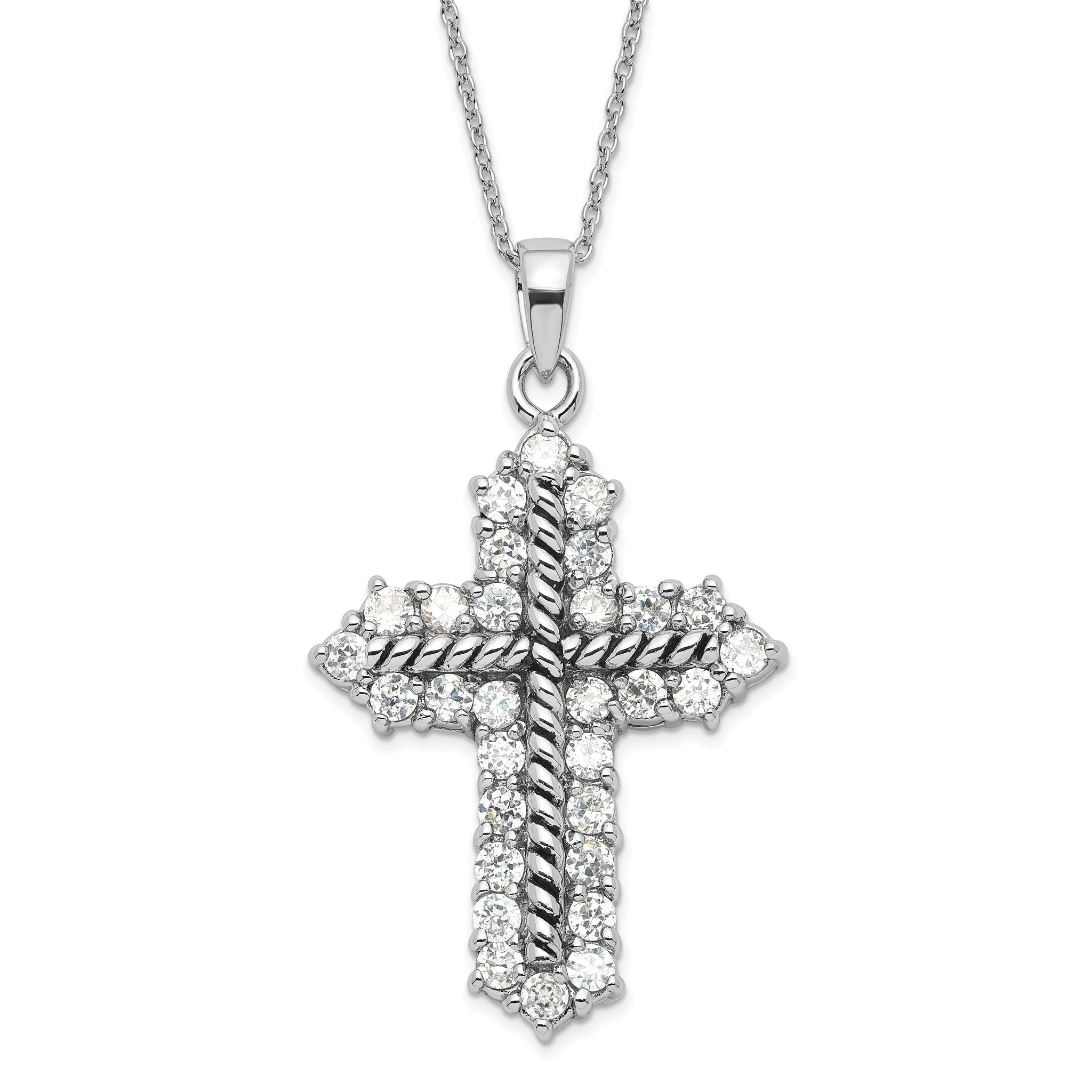 Sophia Jewelers Sterling Silver CZ Cross Necklace with Polished Antiqued Finish