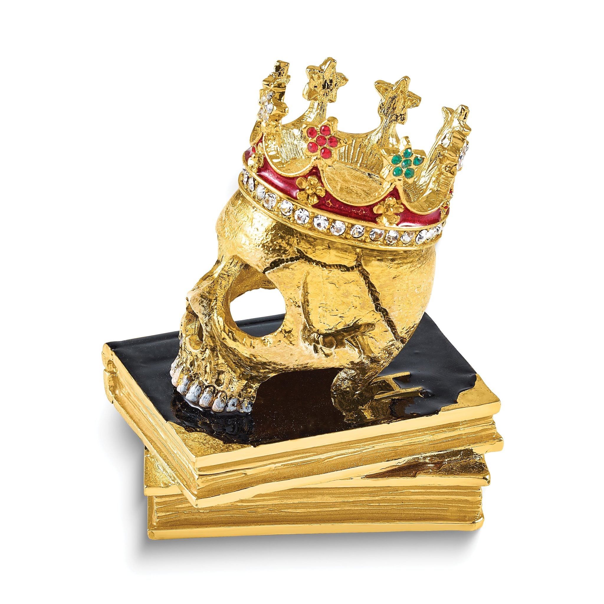 Luxury Giftware by Jere Bejeweled SHAKESPEARE Crowned Skull on Books Trinket Box with Matching 18 inch Necklace