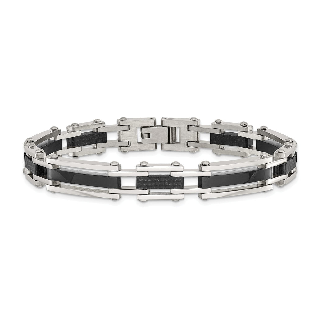Stainless Steel Polished Black IP-plated with Black Carbon Fiber Link Bracelet for Men