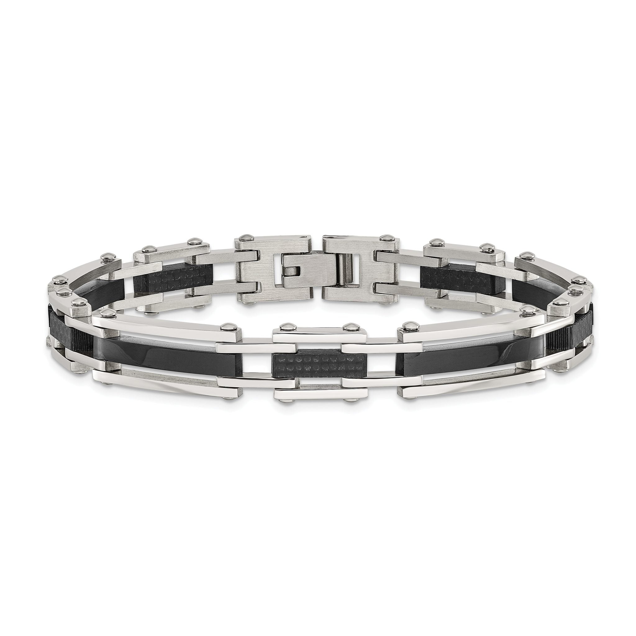 Stainless Steel Polished Black IP-plated with Black Carbon Fiber Link Bracelet for Men