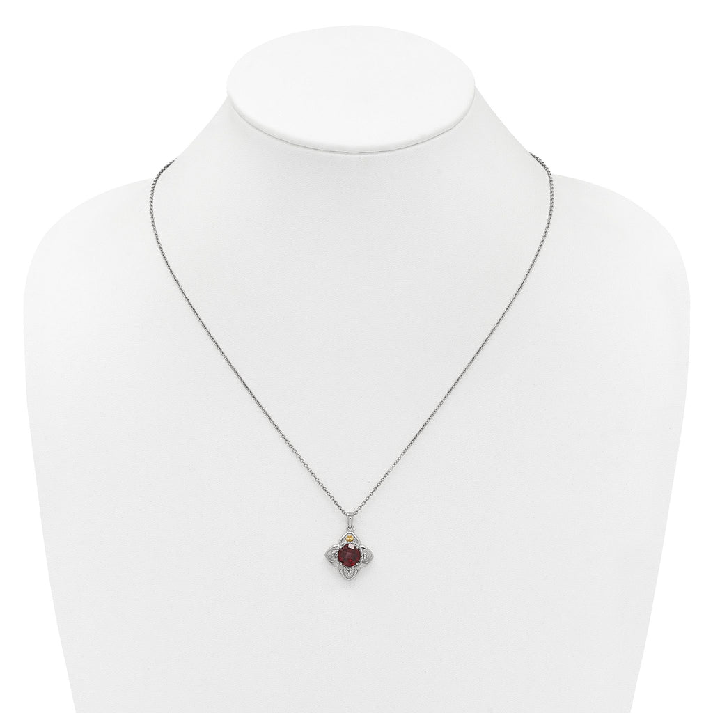 Shey Couture Sterling Silver Rhodium-plated with 14k Accent Round Garnet Flower 18 inch with 2 inch Extension Necklace