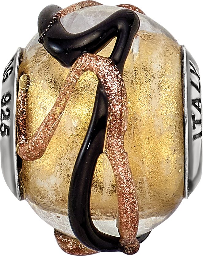 Sterling Silver 925 Glass Bead with Polished Yellow, Black, and Brown Lines Elegant Charm
