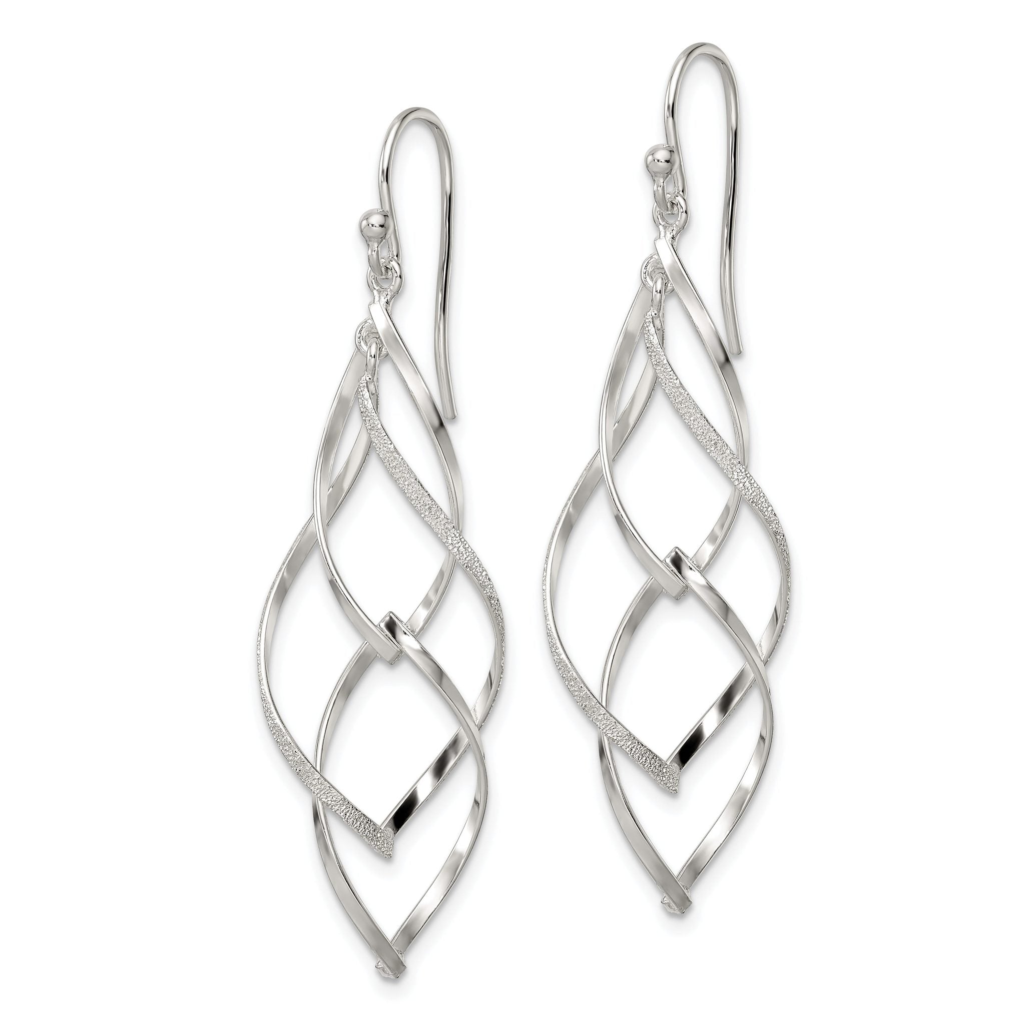Sterling Silver Polished & Lasered Texture Twisted Dangle Hook Earrings Secondary image