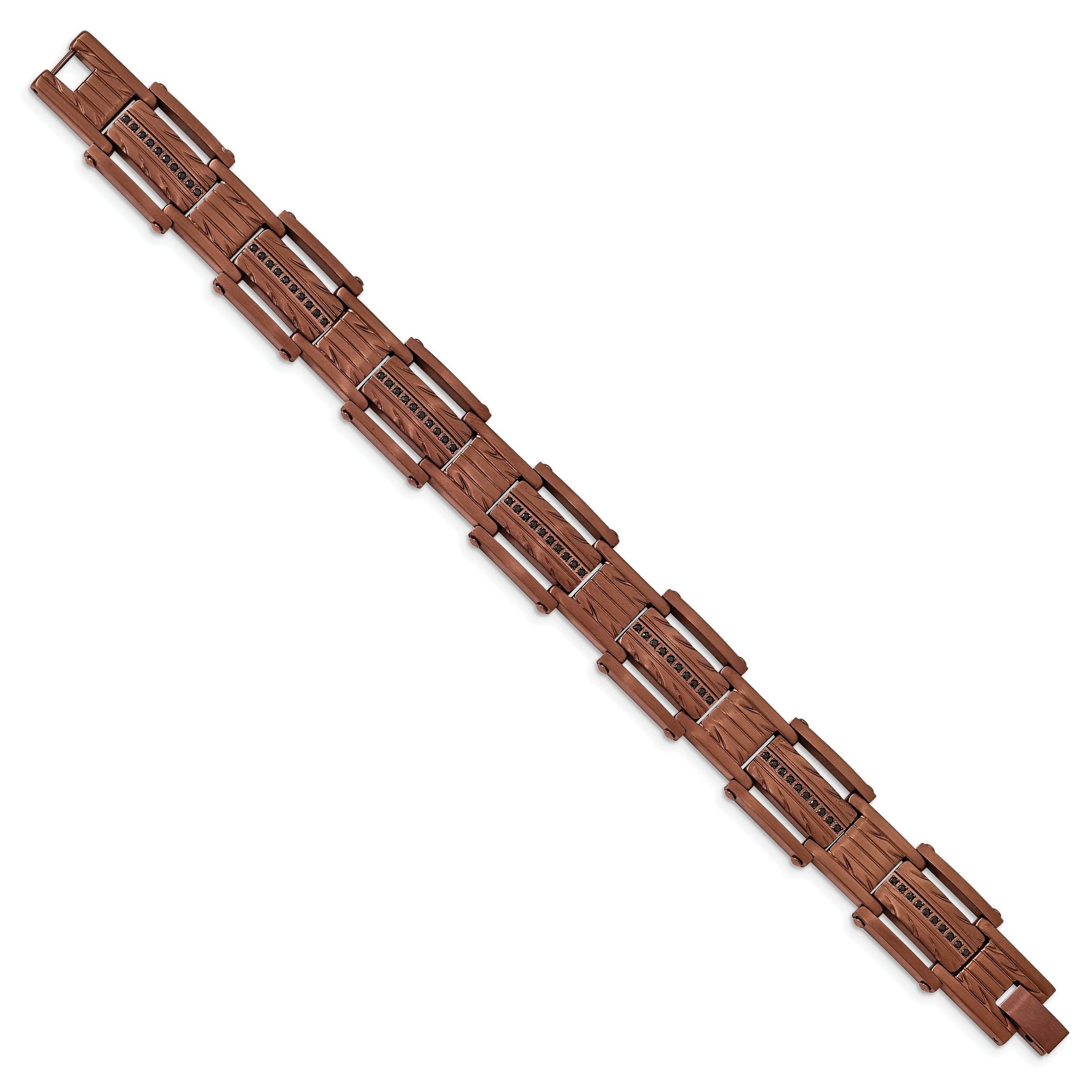 Stainless Steel Brushed and Textured Brown IP-plated with Black Cubic Zirconia Link Bracelet for Men