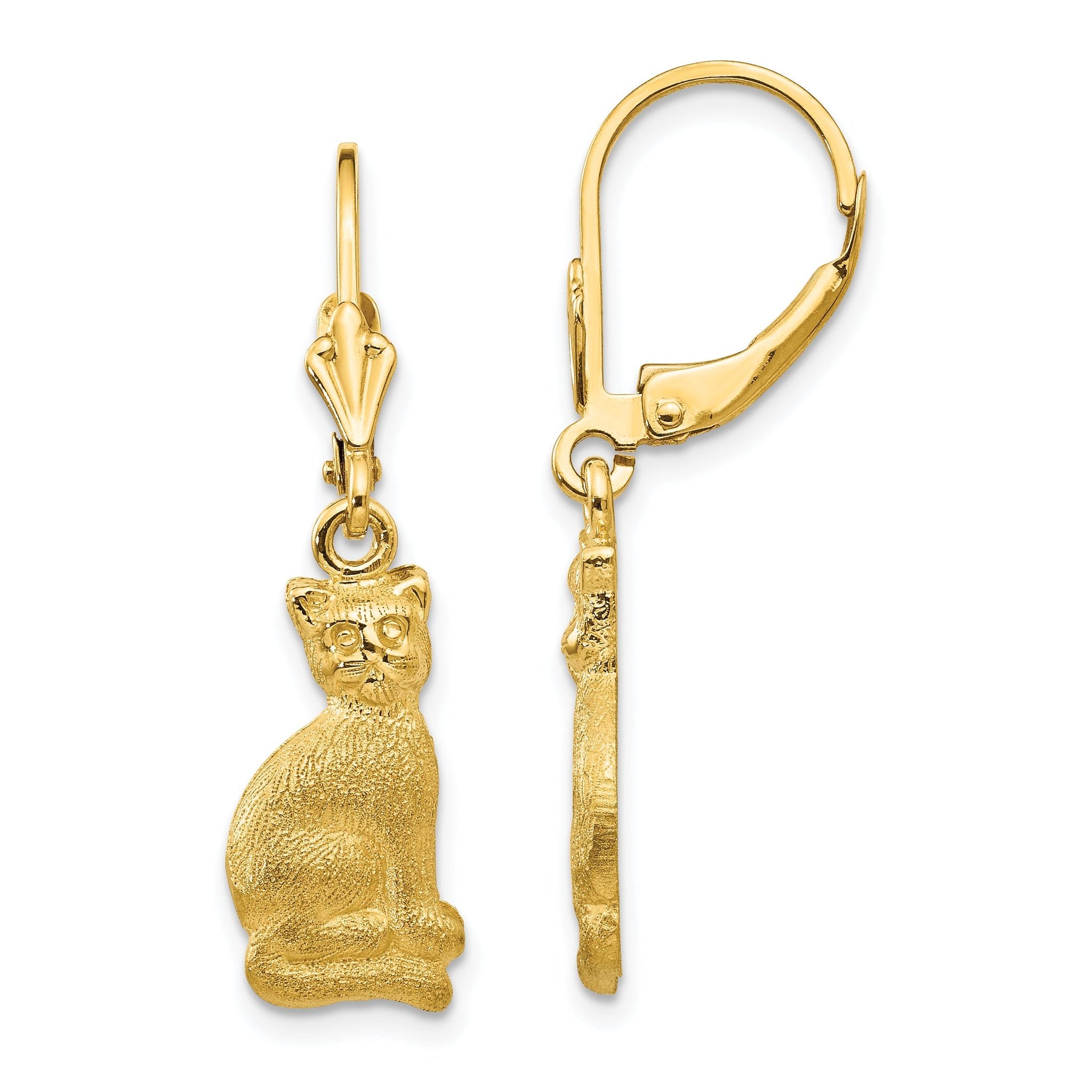 14K Gold Satin Cat Dangle Earrings with Polished Leverback Design Main image