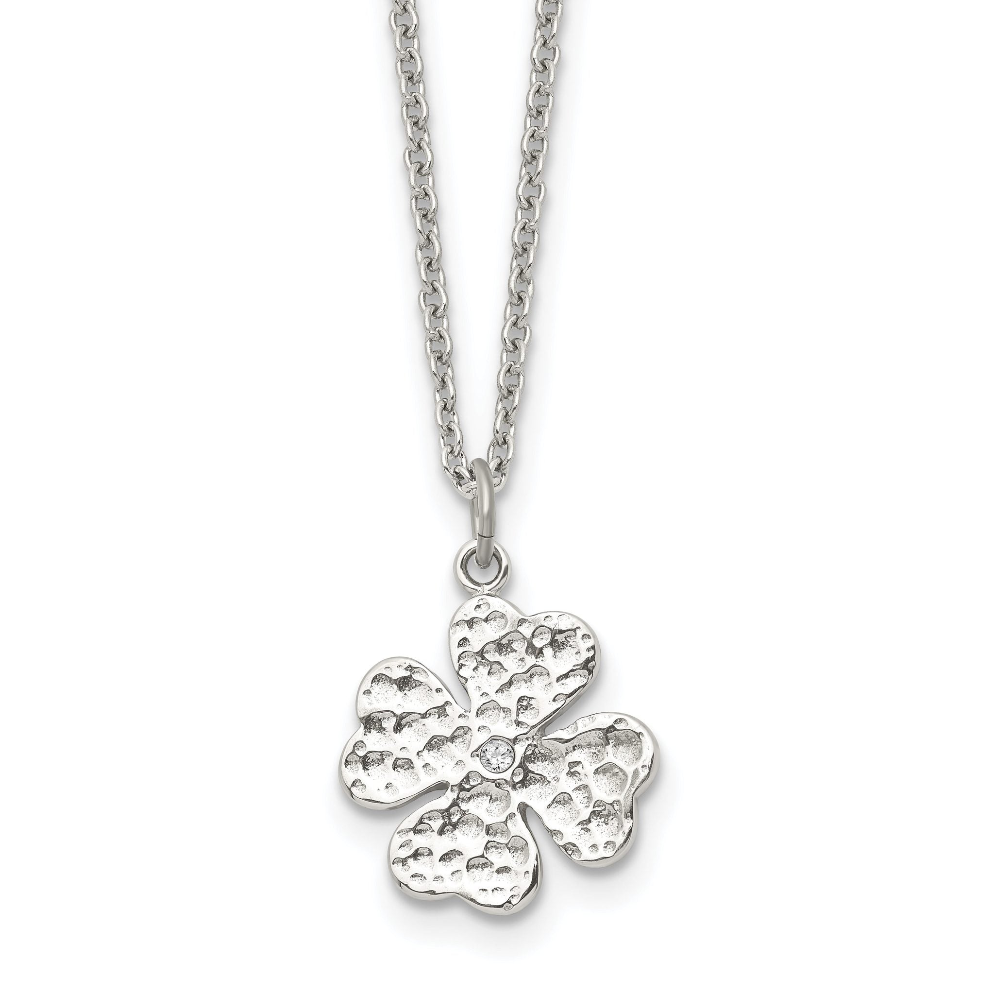 Stainless Steel Polished and Textured w/Crystal Four Leaf Clover Necklace Main image