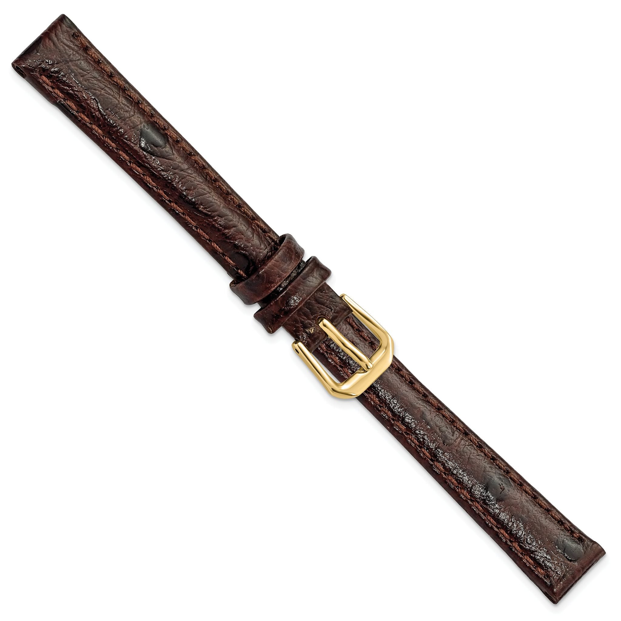 Ostrich-Grain Leather Watch Band in Brown with Gold-Tone Buckle, 14mm