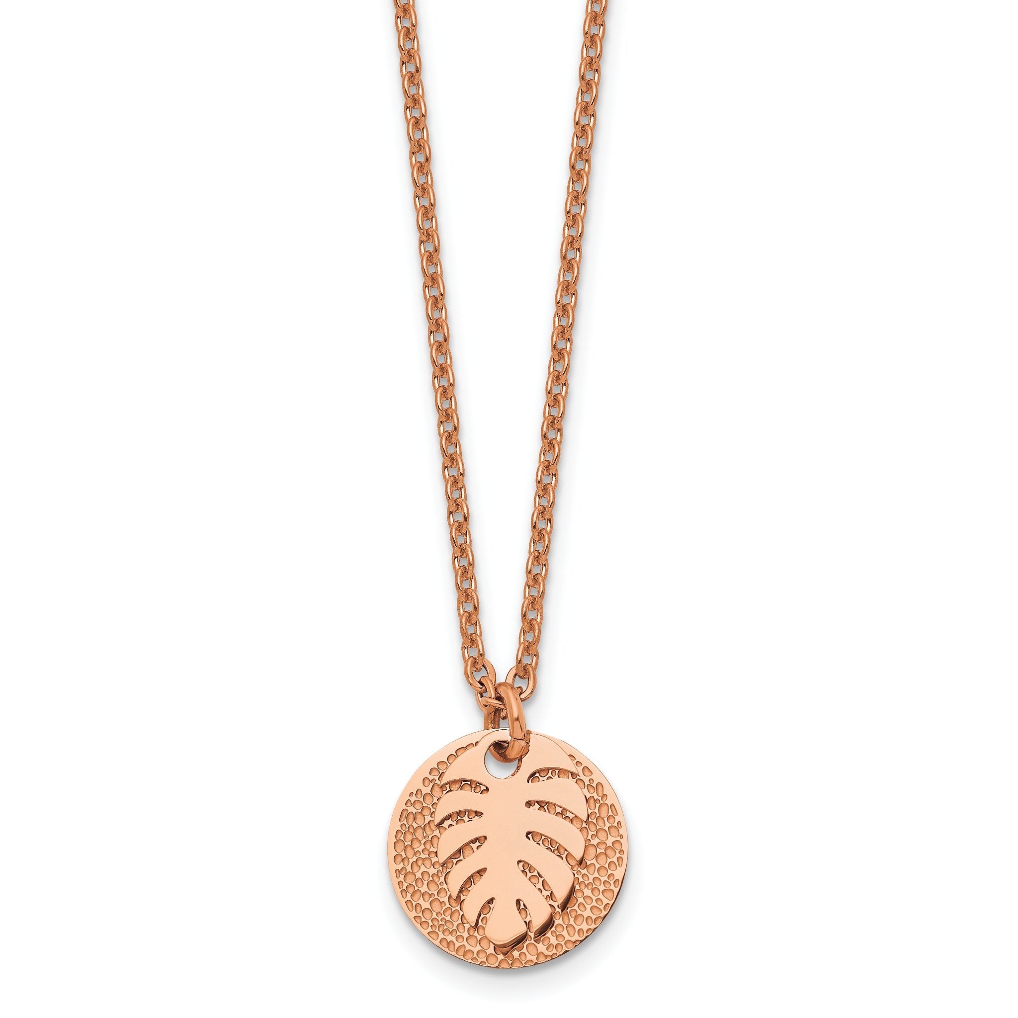Chisel Stainless Steel Polished and Textured Rose IP-plated Circle with Leaf Pendant on a 27.5 inch Cable Chain Necklace Main image