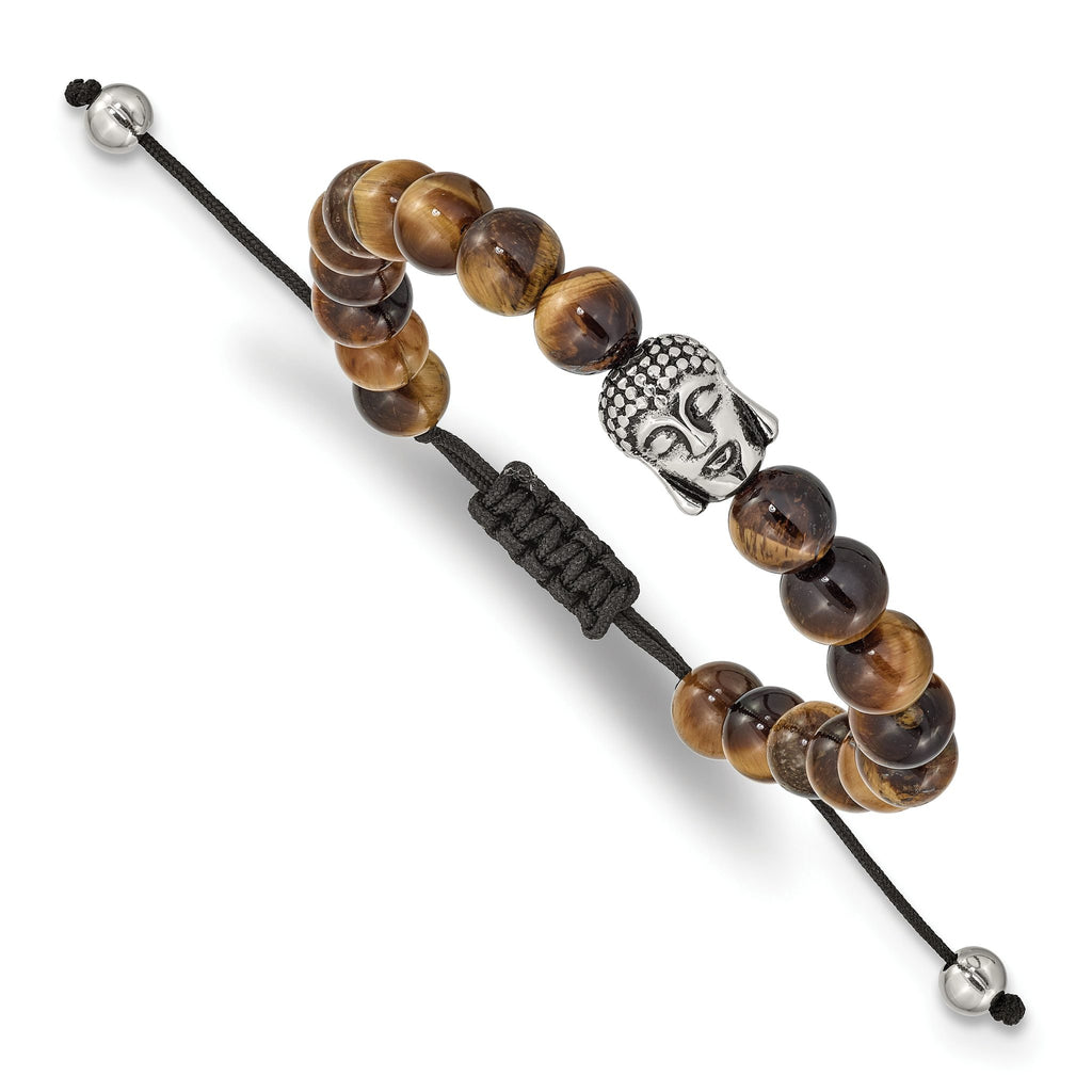 Stainless Steel Antiqued and Polished Tiger's Eye Buddha Black Macrame Adjustable Bracelet for Men