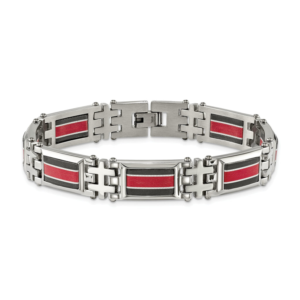 Stainless Steel Polished with Black Carbon Fiber and Red Fiberglass Inlay Link Bracelet for Men