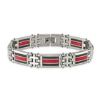 Stainless Steel Polished with Black Carbon Fiber and Red Fiberglass Inlay Link Bracelet for Men