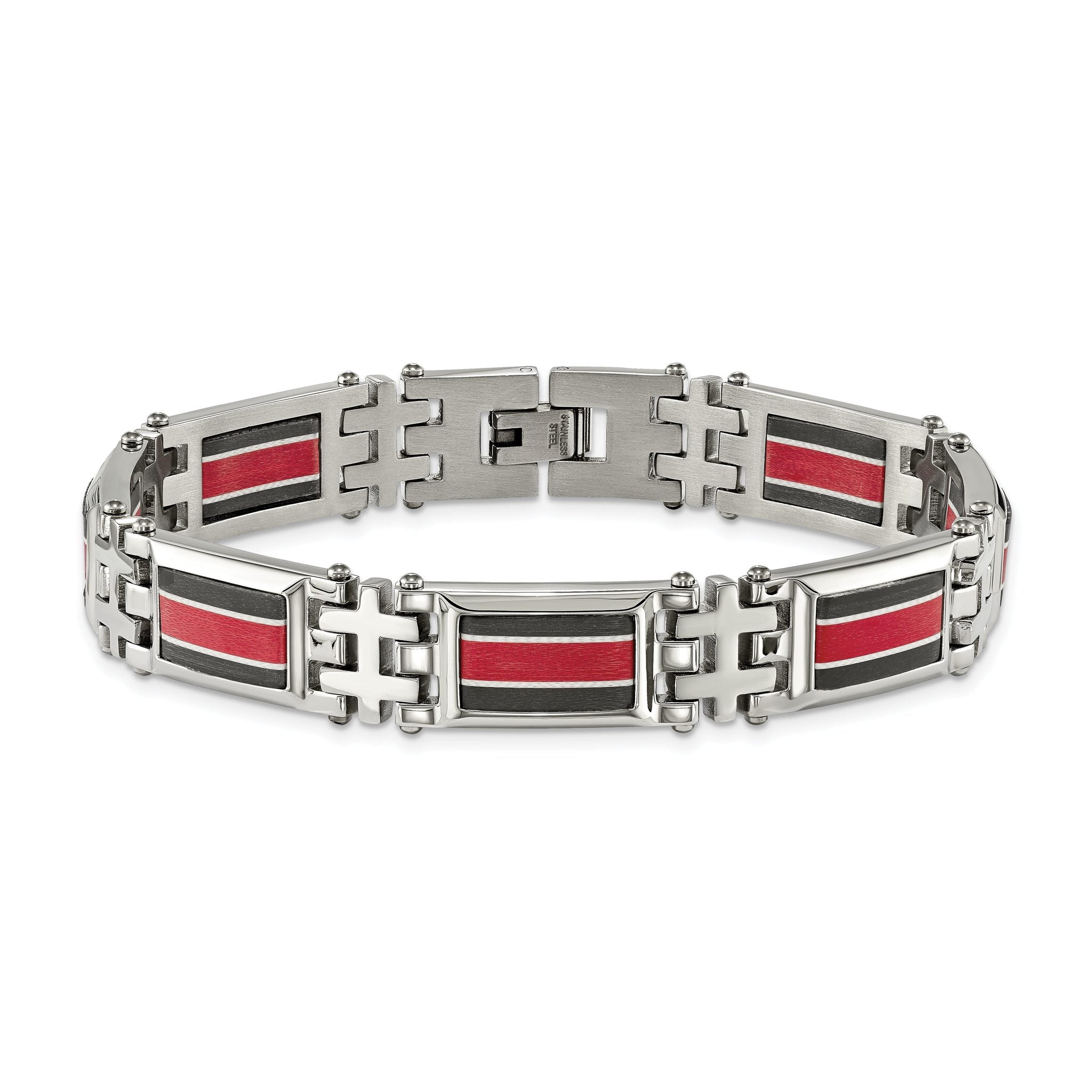 Stainless Steel Polished with Black Carbon Fiber and Red Fiberglass Inlay Link Bracelet for Men