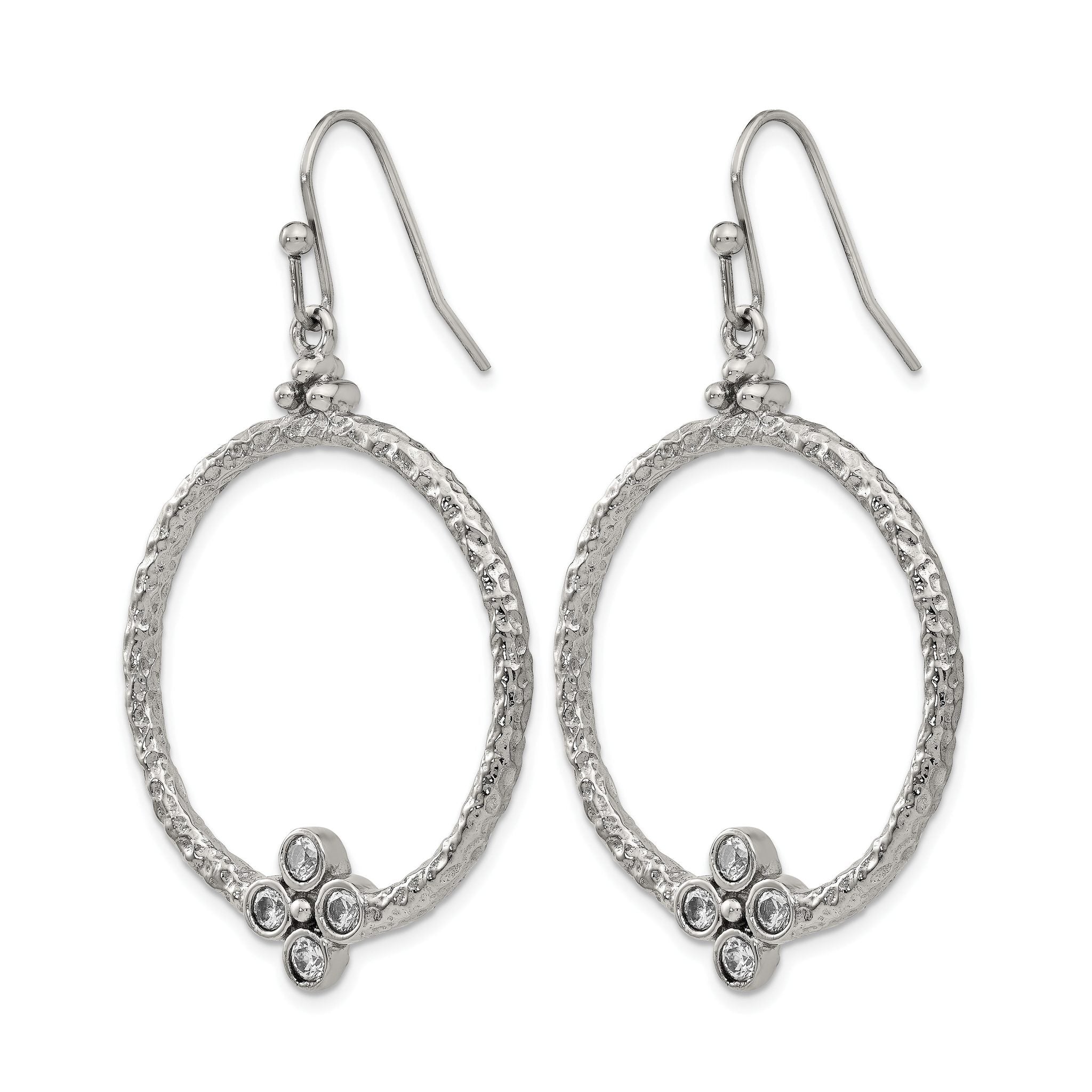 Stainless Steel Polished Textured Cubic Zirconia Drop Dangle Earrings for Women