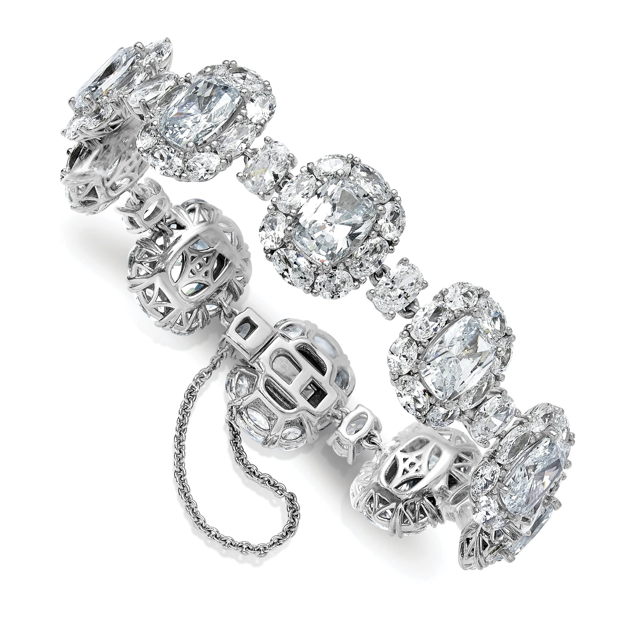 Cheryl M Sterling Silver Rhodium-plated Polished Fancy Cushion-cut CZ Halo Cluster with Safety Chain Bracelet Secondary image