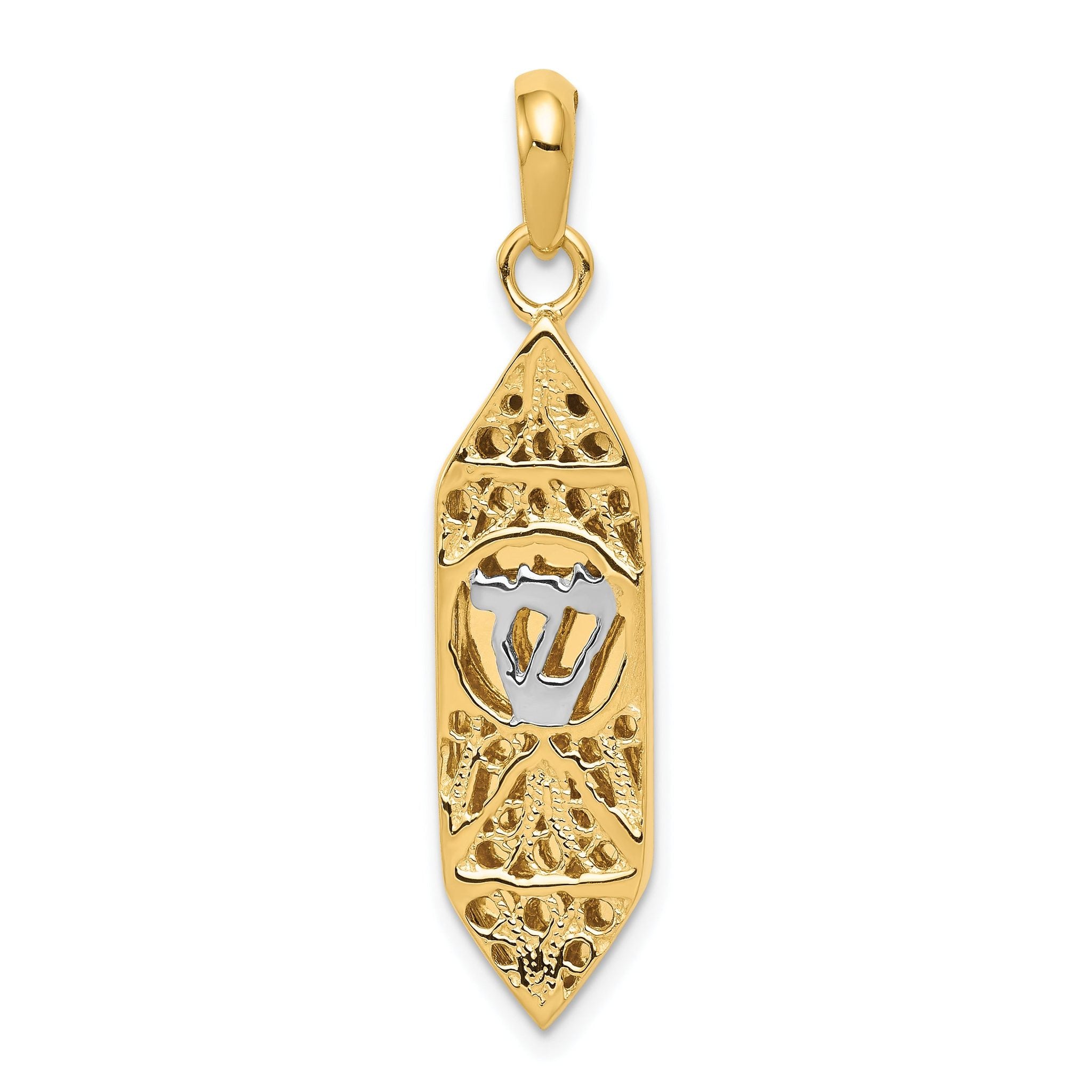 14K Gold Mezuzah Pendant with White Rhodium Accent Polished Finish