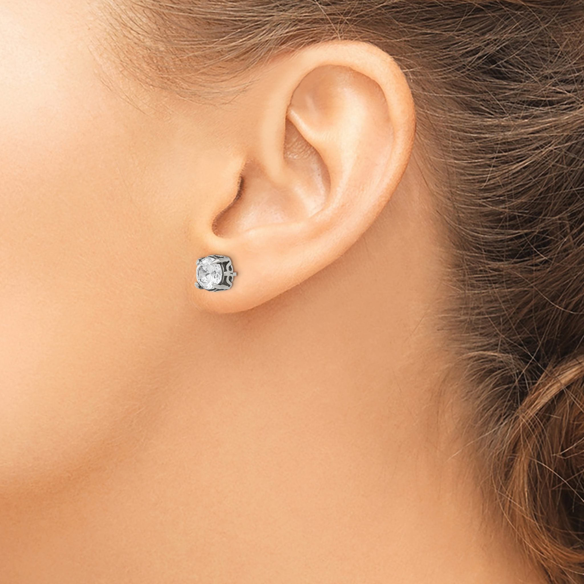 Stainless Steel Polished & Antiqued Cubic Zirconia Stud Earrings