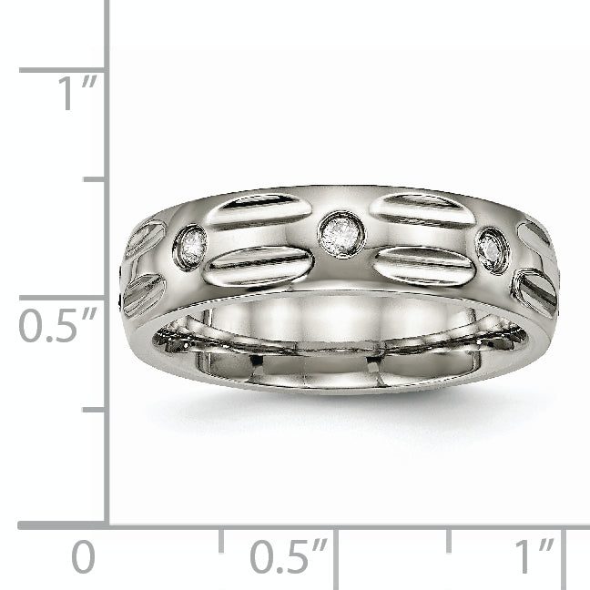 Grooved CZ Wedding Band in Titanium, 6mm