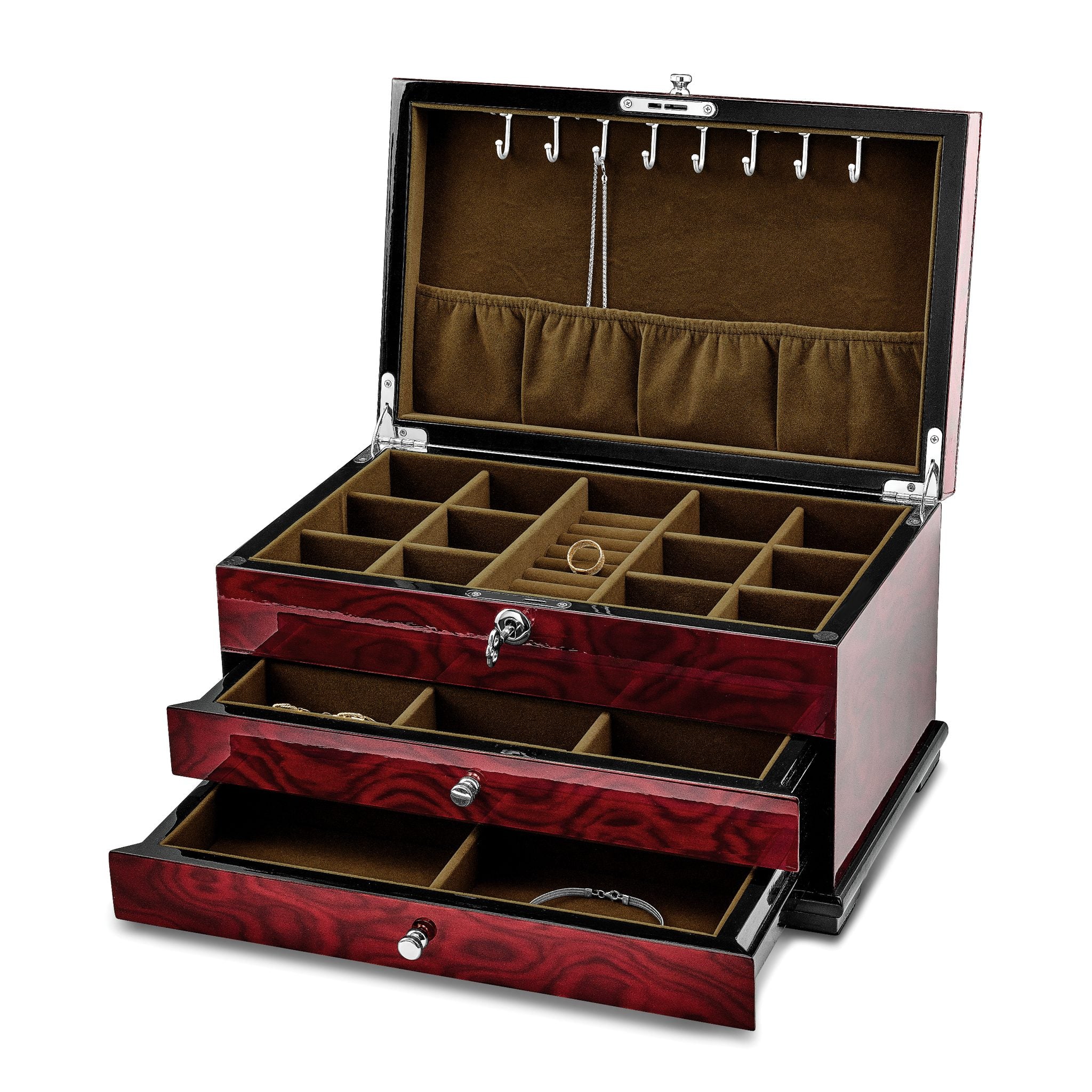 Luxury Giftware High Gloss Rosewood Veneer w/Mother of Pearl Inlay 2-Drawer Locking Wooden Jewelry Box Secondary image