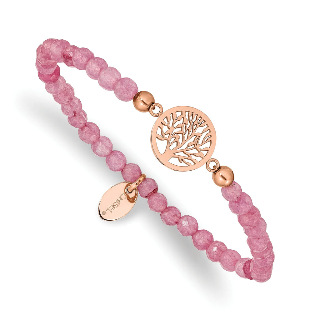 Stainless Steel Polished Rose IP-plated Tree of Life 4mm Red Jade Beaded Stretch Bracelet for Women