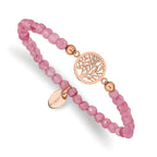 Stainless Steel Polished Rose IP-plated Tree of Life 4mm Red Jade Beaded Stretch Bracelet for Women