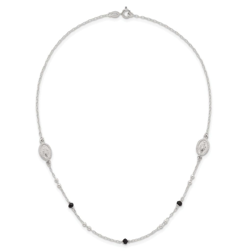 Sterling Silver Polished Textured Spanish Miraculous Medals with Black Glass Beads 16 inch Necklace