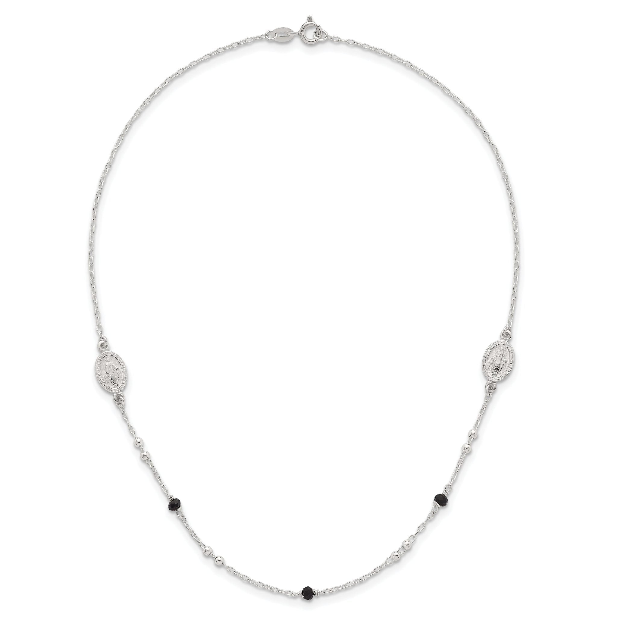Sterling Silver Polished Textured Spanish Miraculous Medals with Black Glass Beads 16 inch Necklace
