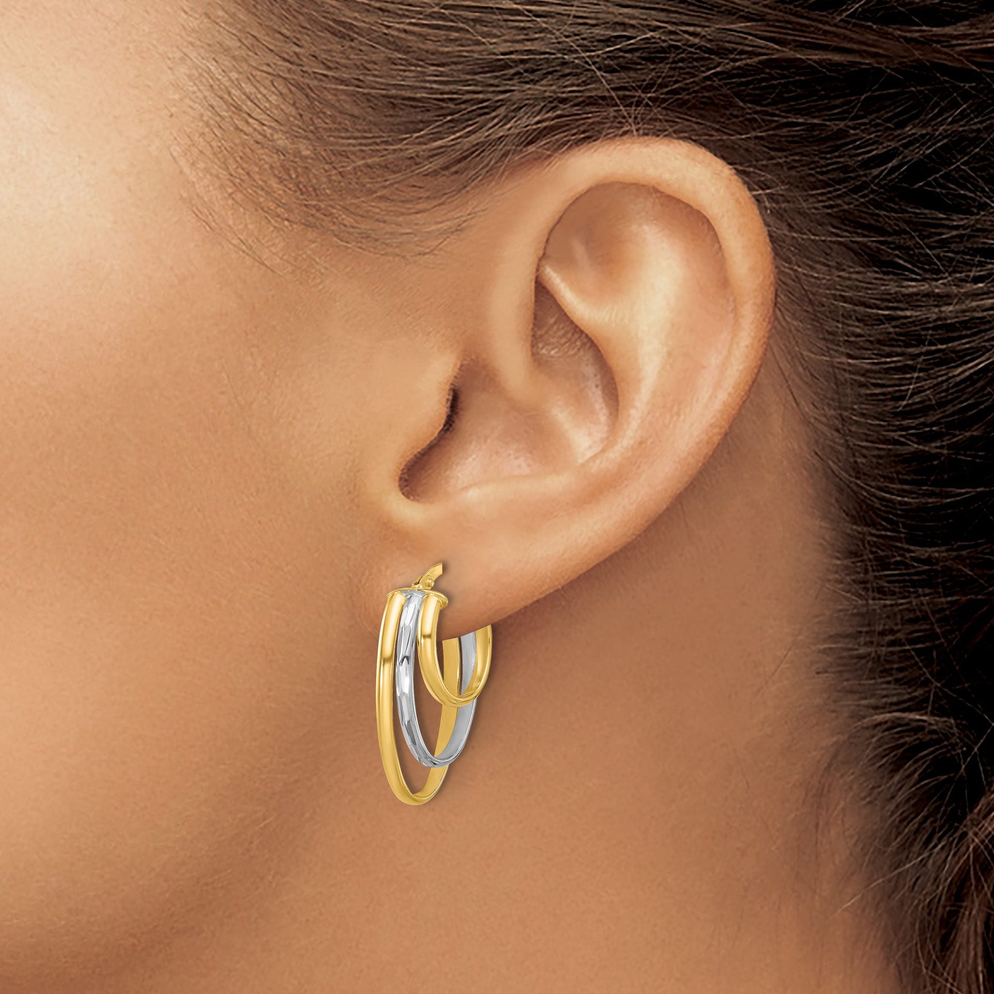 10K W/White Rhodium Polished 3-row Oval Hoop Earrings