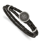 Stainless Steel Brushed Laser Design Compass Black Woven Leather Bracelet for Men