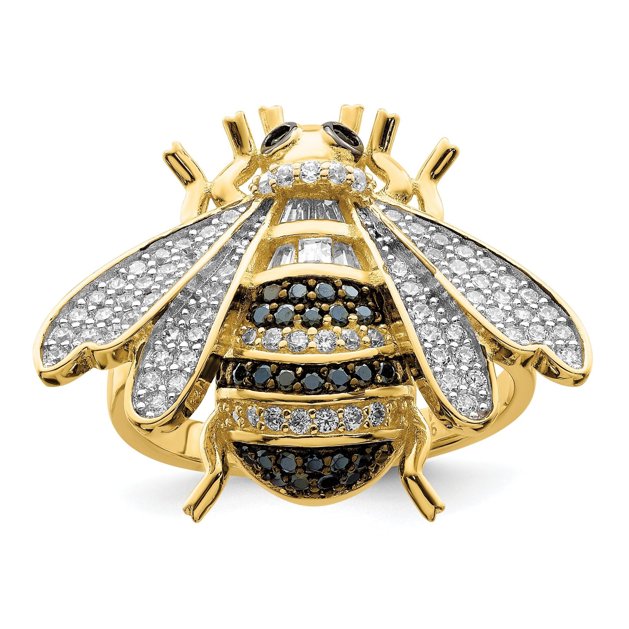 Sterling Silver Blk/White RH-plated Gold Tone CZ Bumblebee Ring Main image