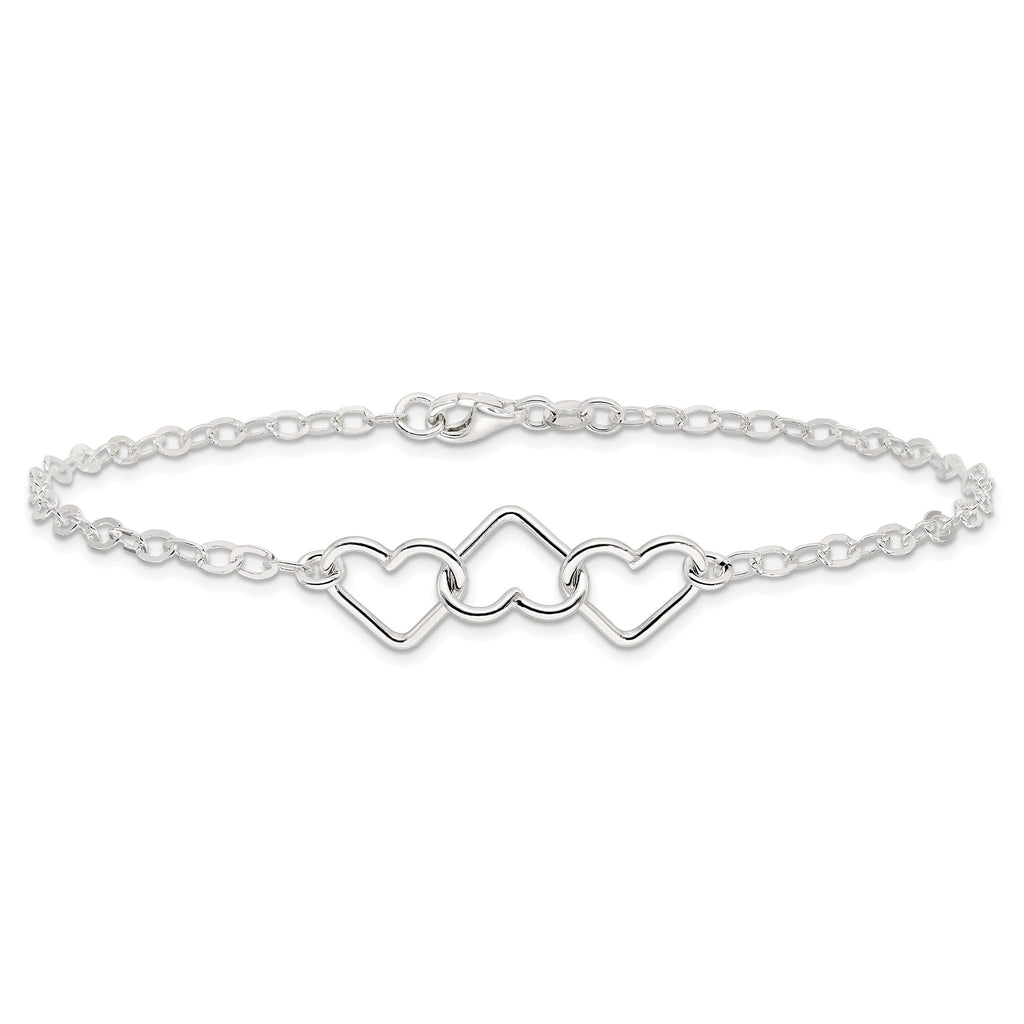 Sterling Silver 9inch Solid Polished Fancy Heart Link Anklet