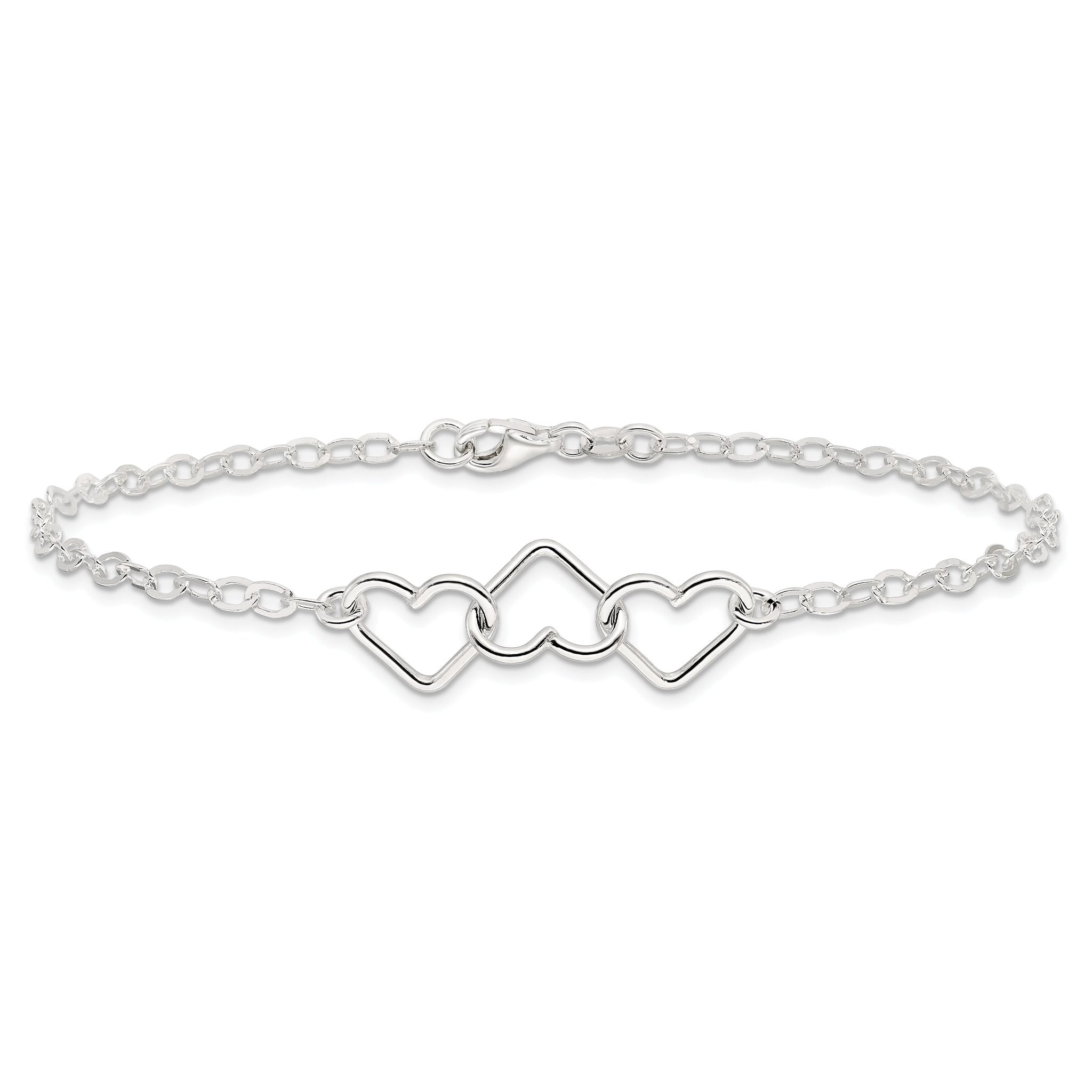 Sterling Silver 9inch Solid Polished Fancy Heart Link Anklet