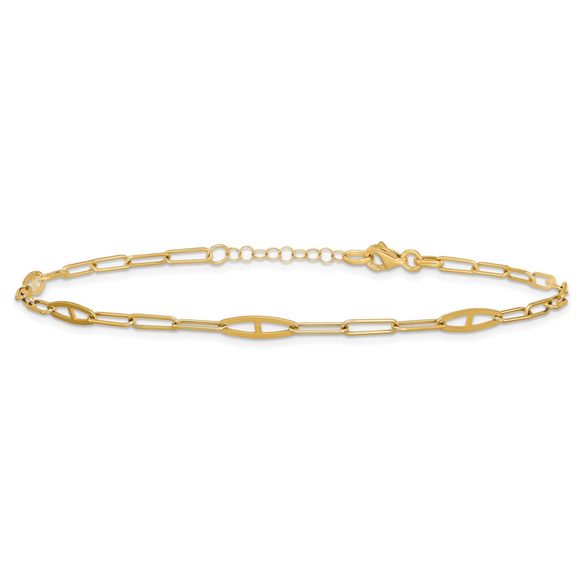 14K Fancy Paperclip Link 9 inch Plus 1 inch Extender - Total 10 inch Anklet