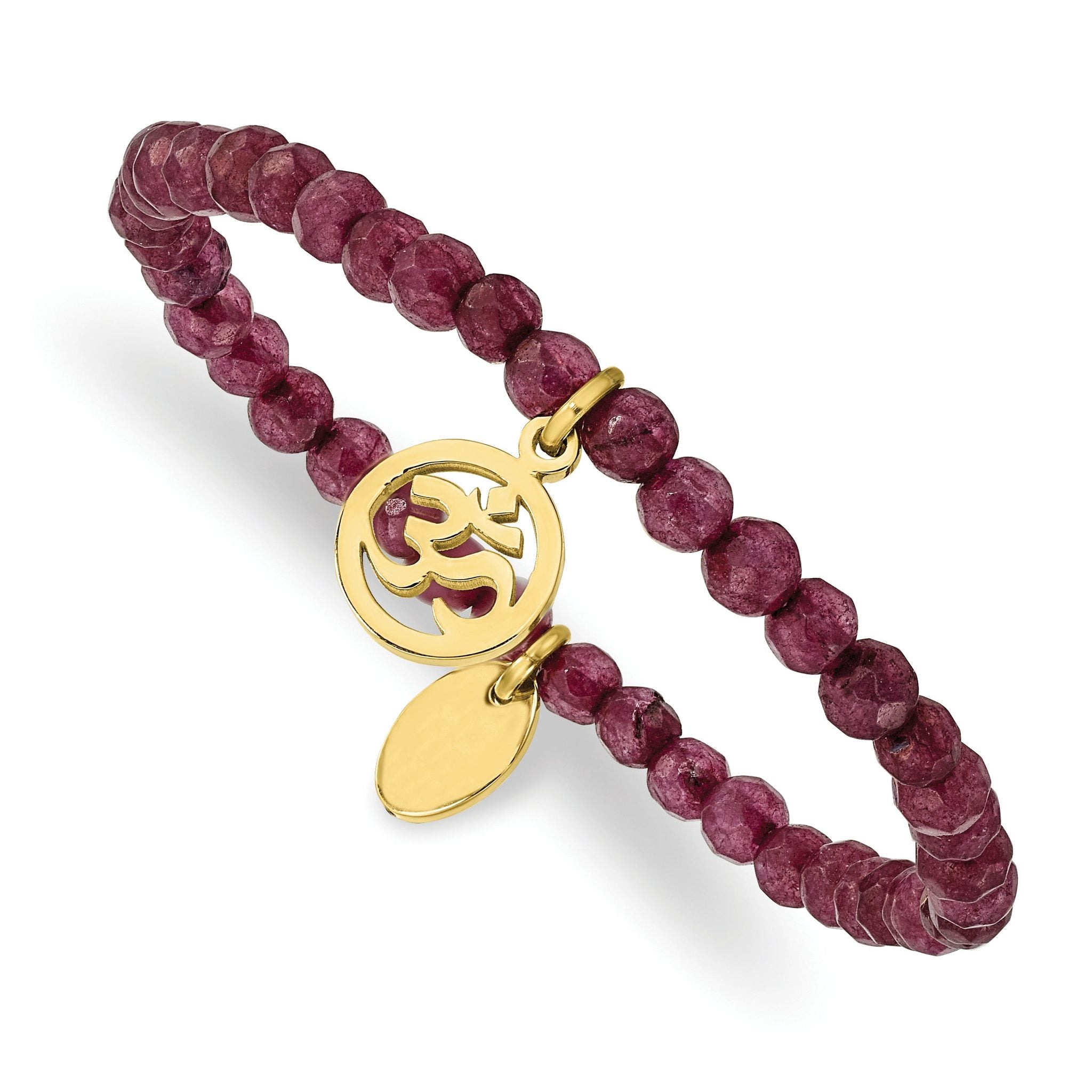 Stainless Steel Polished Yellow IP-plated Ohm 4mm Purple Jade Beaded Stretch Bracelet for Women Main image