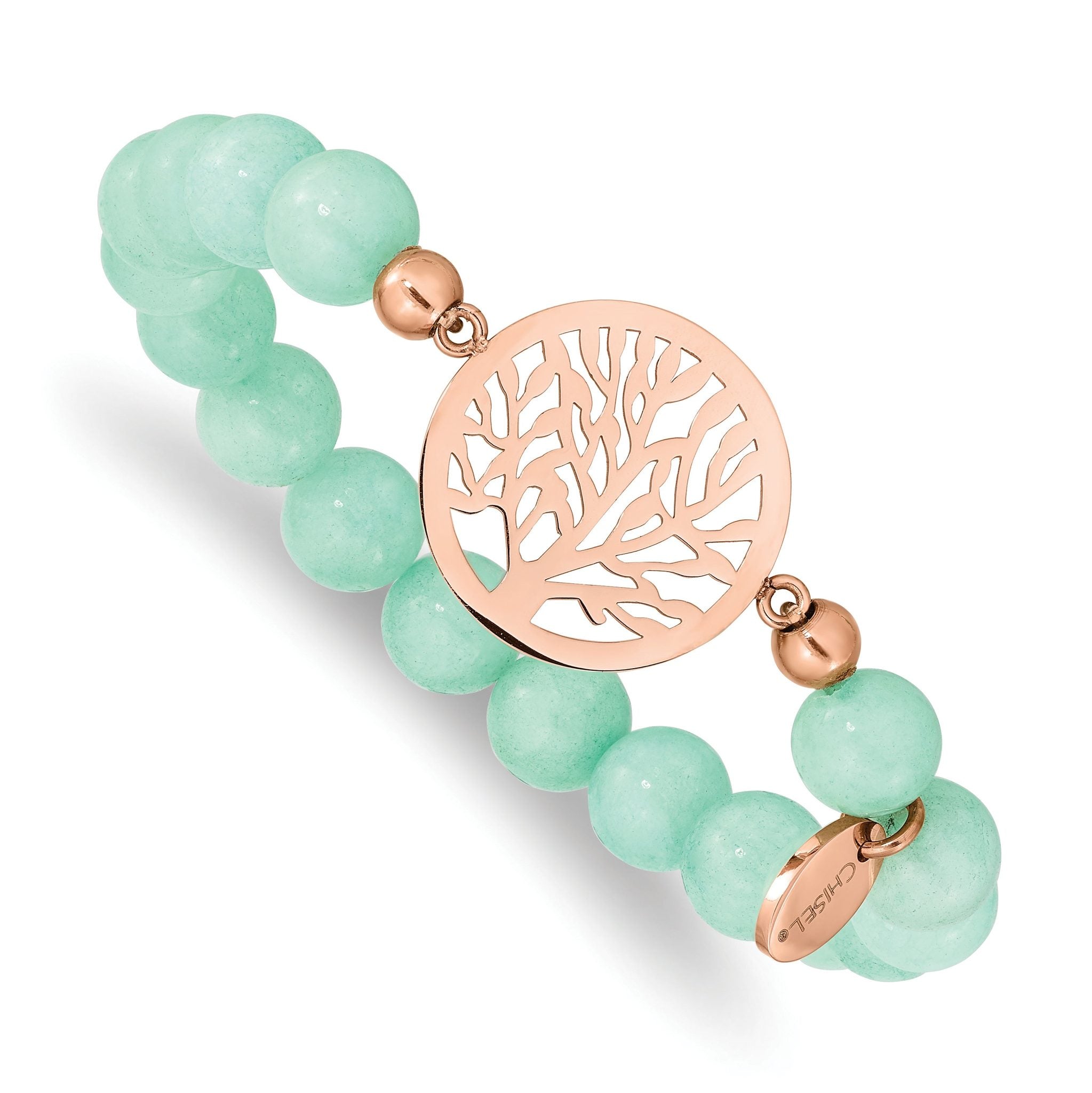 Stainless Steel Polished Rose IP-plated Tree of Life 8mm Green Dyed Jade Beaded Stretch Bracelet for Women