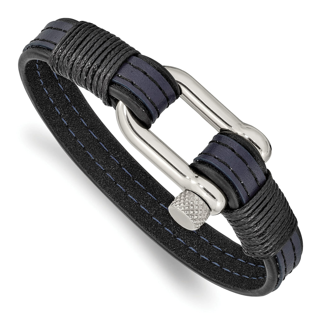 Stainless Steel Polished Shackle Black and Blue Leather Bracelet for Men