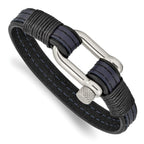Stainless Steel Polished Shackle Black and Blue Leather Bracelet for Men