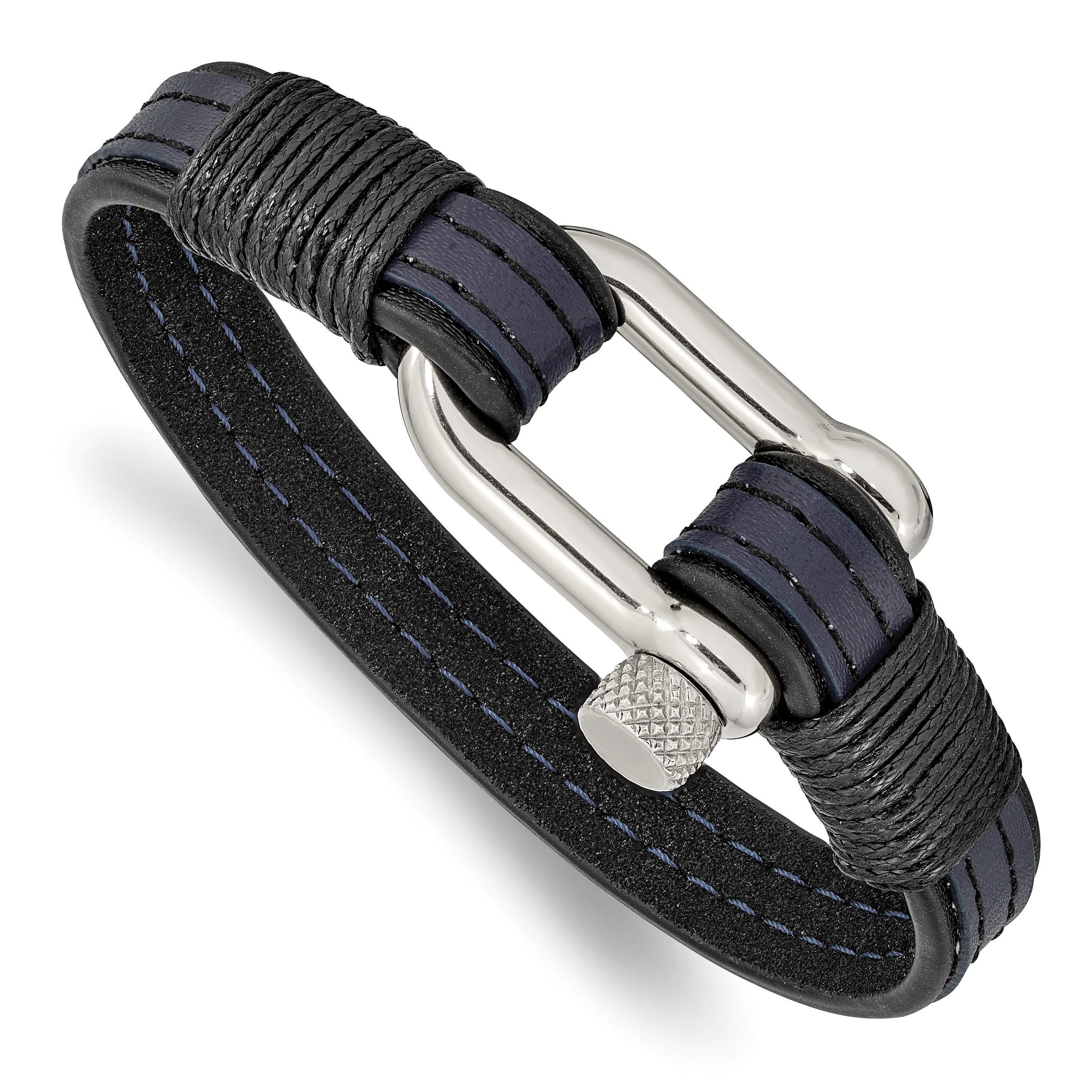 Stainless Steel Polished Shackle Black and Blue Leather Bracelet for Men
