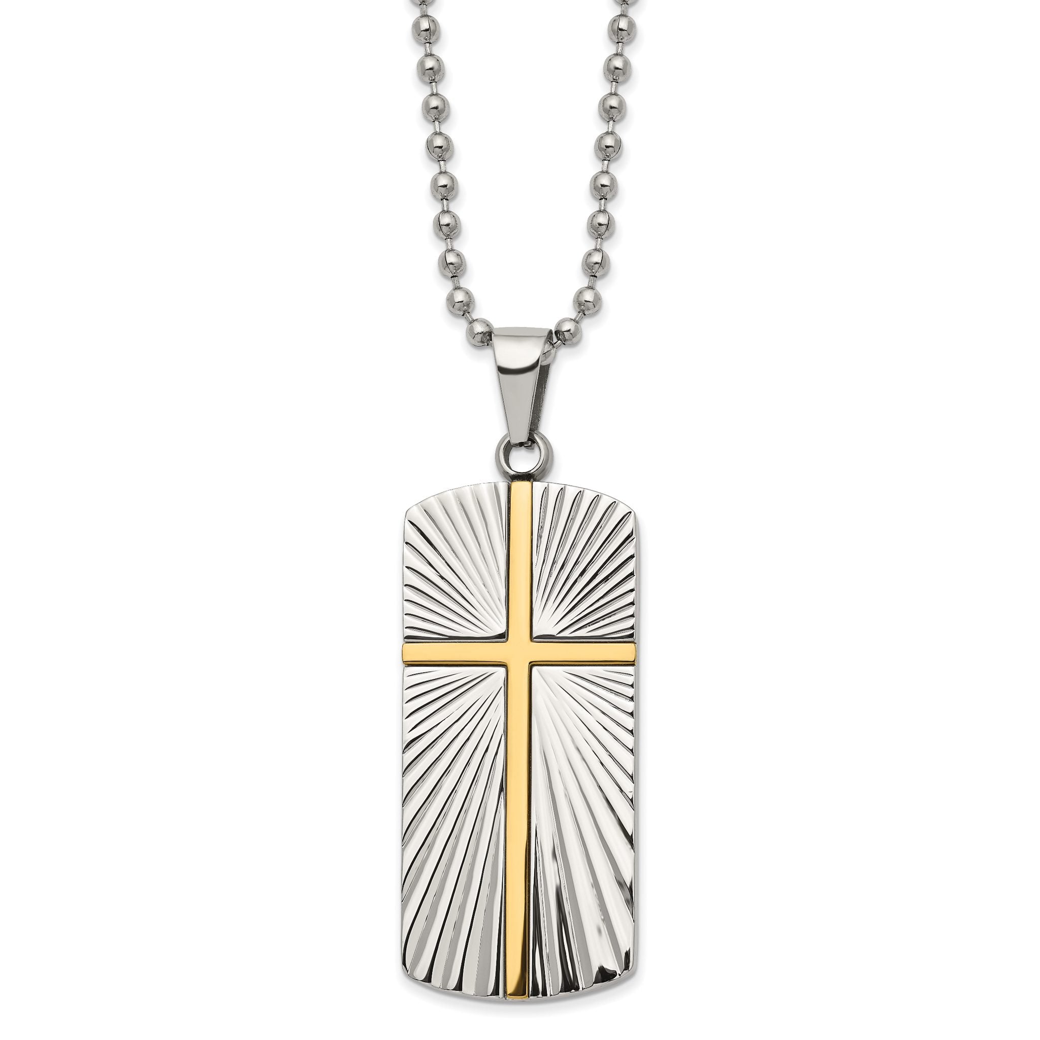 Chisel Stainless Steel Polished and Textured Yellow IP-plated Cross Dog Tag on a 22 inch Ball Chain Necklace Main image