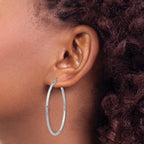10K White Gold Polished Hoop Earrings with Rhodium Finish 2mm Tube