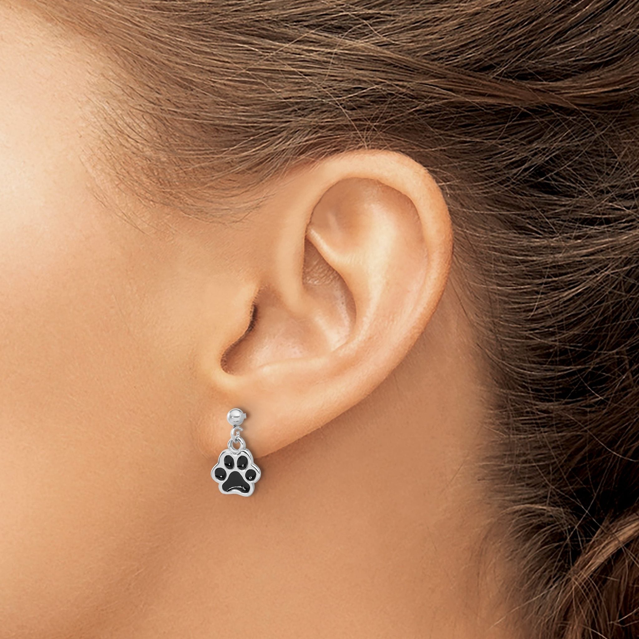 Sterling Silver Rhodium-plated Enameled Dog Paw Post Dangle Earrings