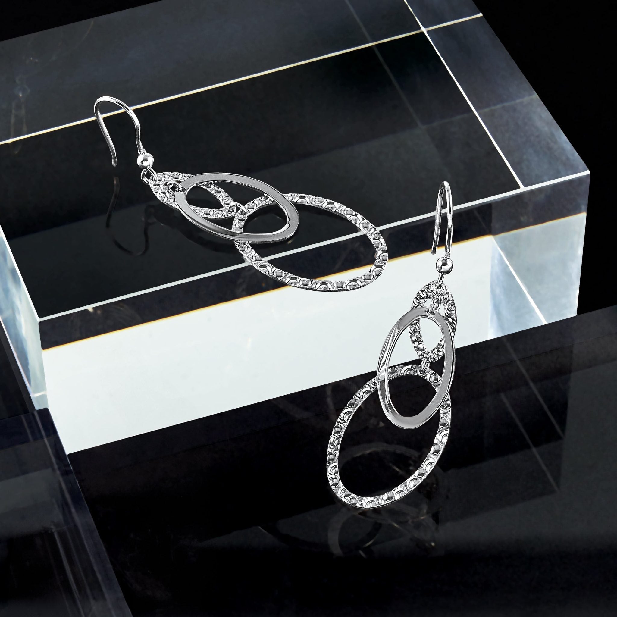 Sterling Silver Rh-plated Polished/Textured Ovals Dangle Earrings