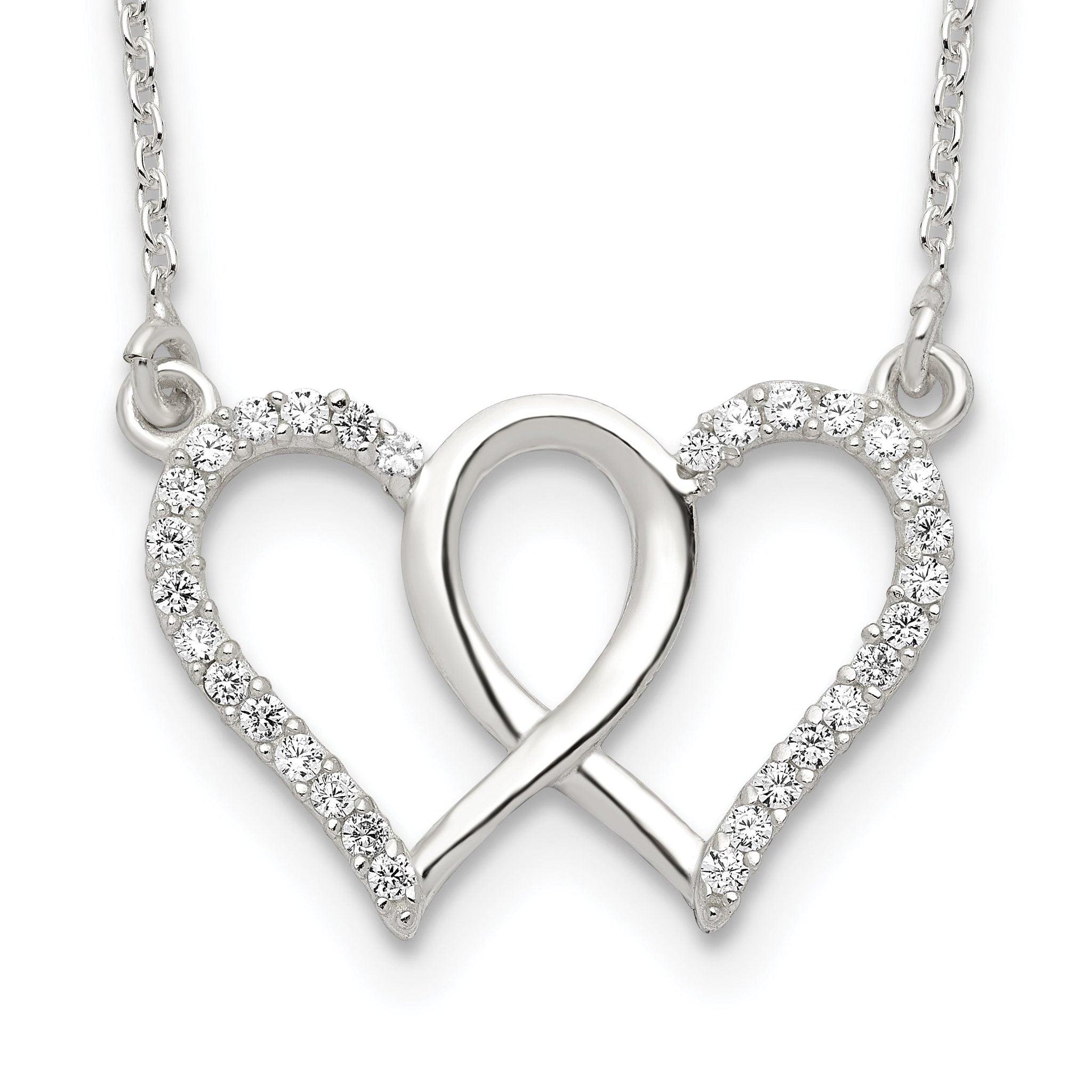 Sterling Silver Polished Interconnected CZ Double Hearts 18 inch Necklace Main image