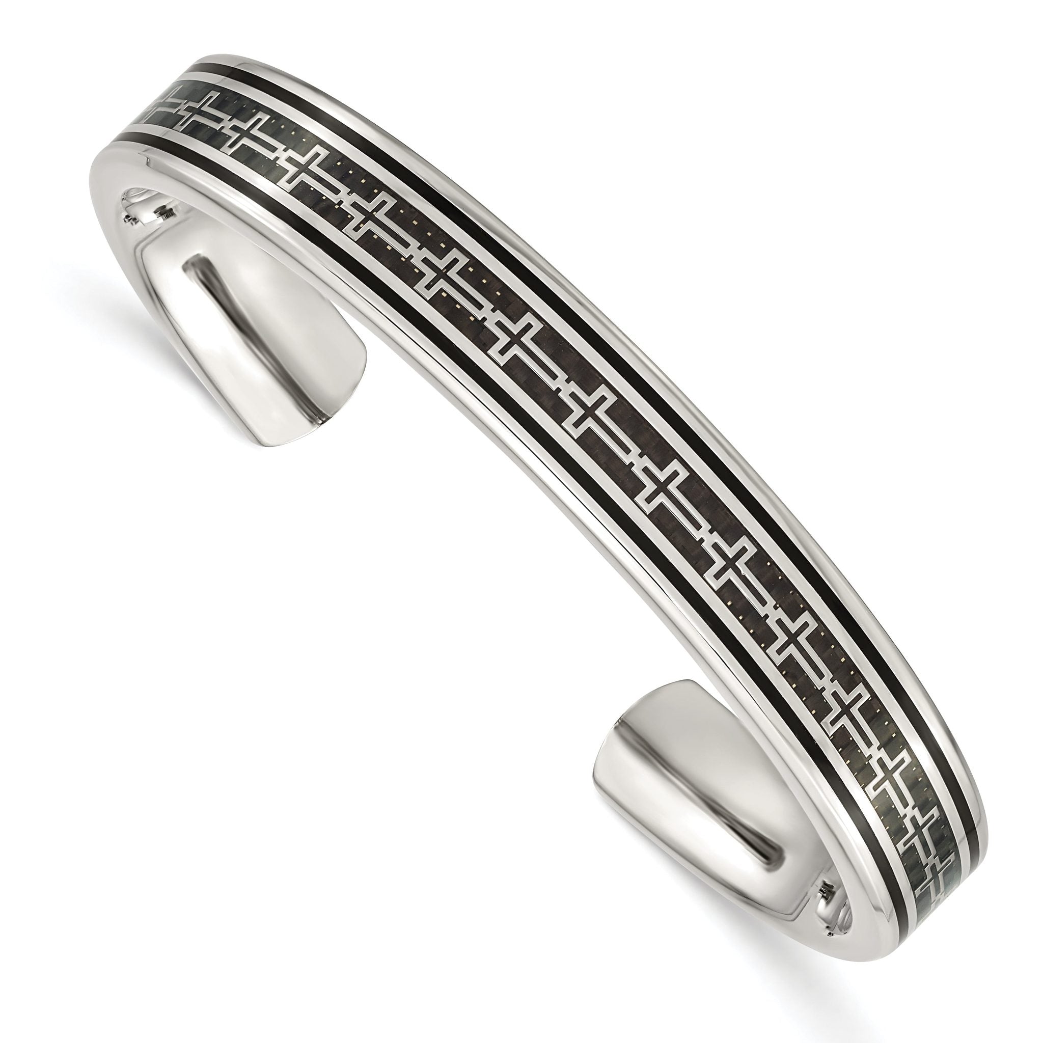 Stainless steel Polished Black IP-plated with Black Carbon Fiber Inlay Cross Design Cuff Bangle Bracelet for Men Main image