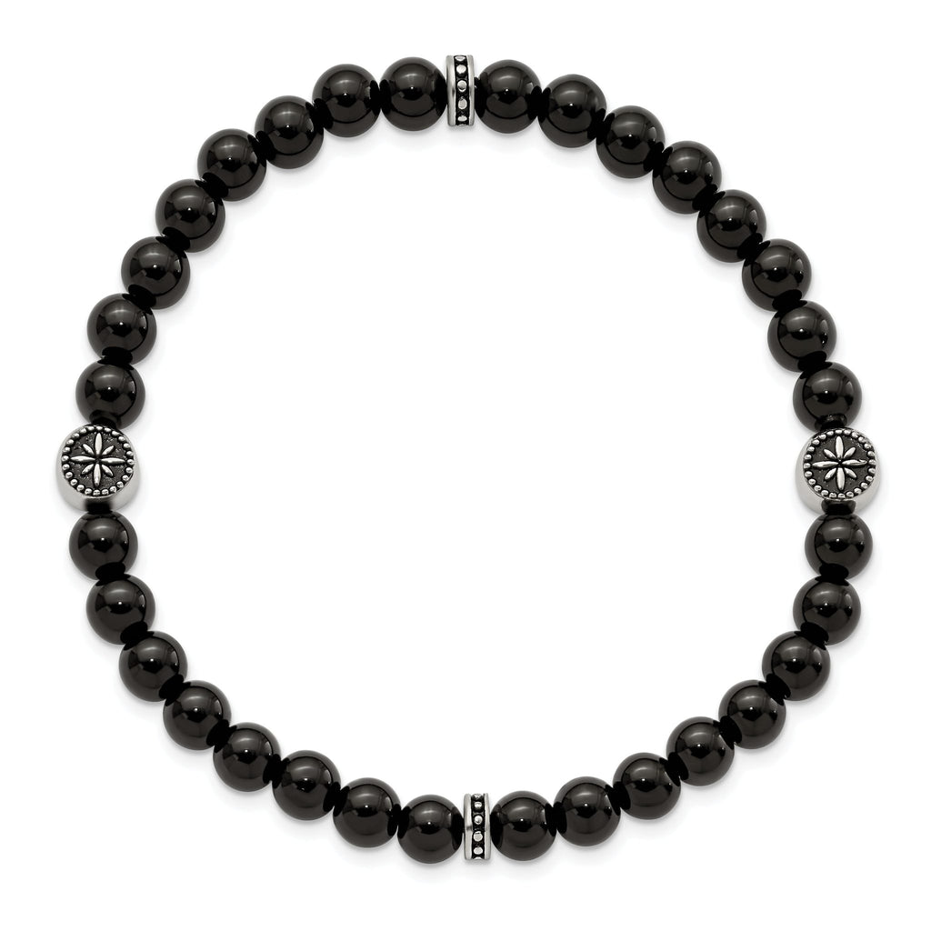 Stainless Steel Antiqued and Polished 6mm Black Agate Beaded Stretch Bracelet