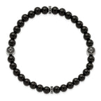 Stainless Steel Antiqued and Polished 6mm Black Agate Beaded Stretch Bracelet