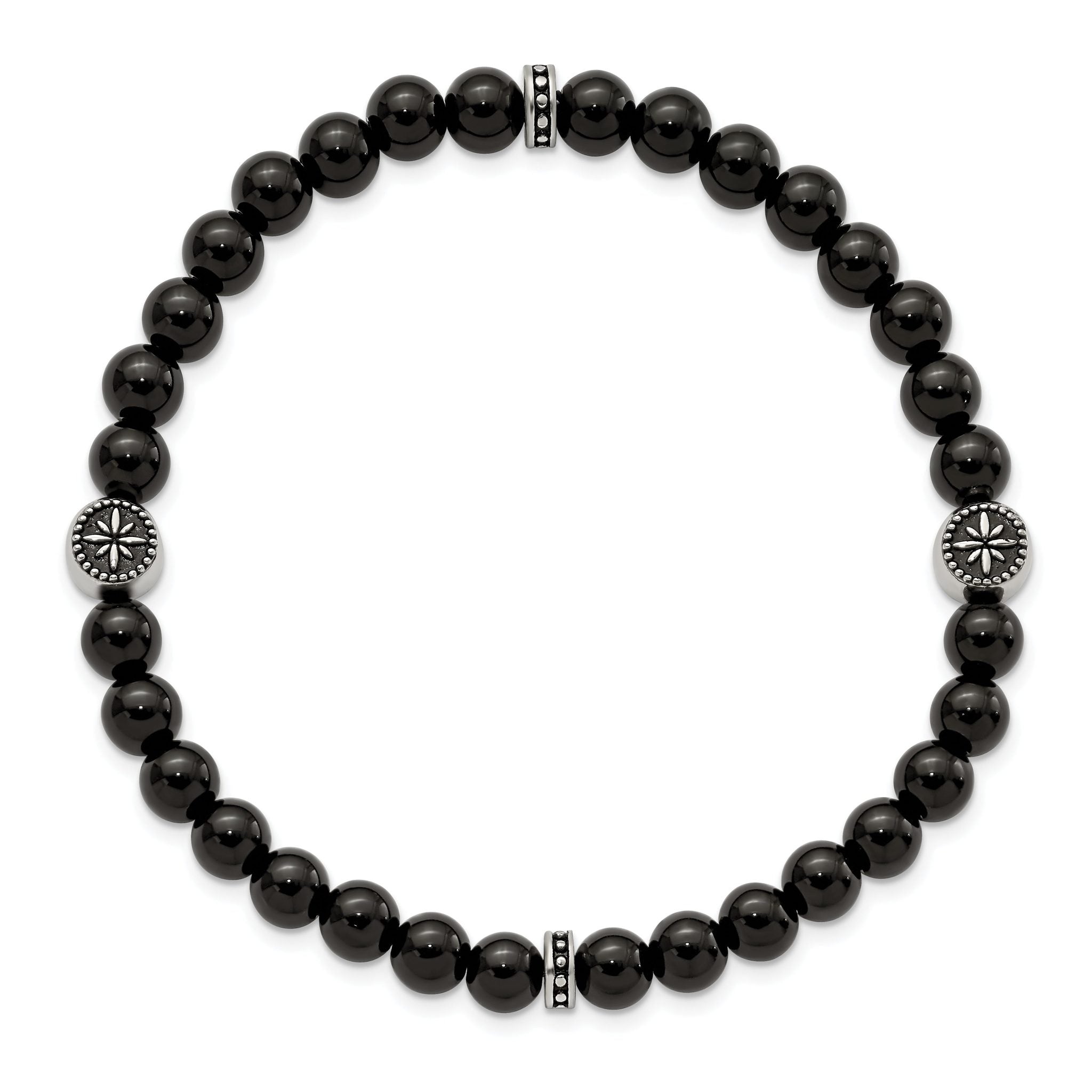 Stainless Steel Antiqued and Polished 6mm Black Agate Beaded Stretch Bracelet