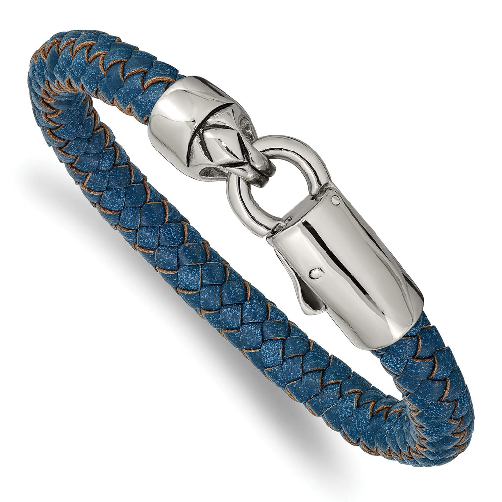Stainless Steel Antiqued and Polished Blue Braided Leather Bracelet for Men