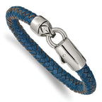 Stainless Steel Antiqued and Polished Blue Braided Leather Bracelet for Men