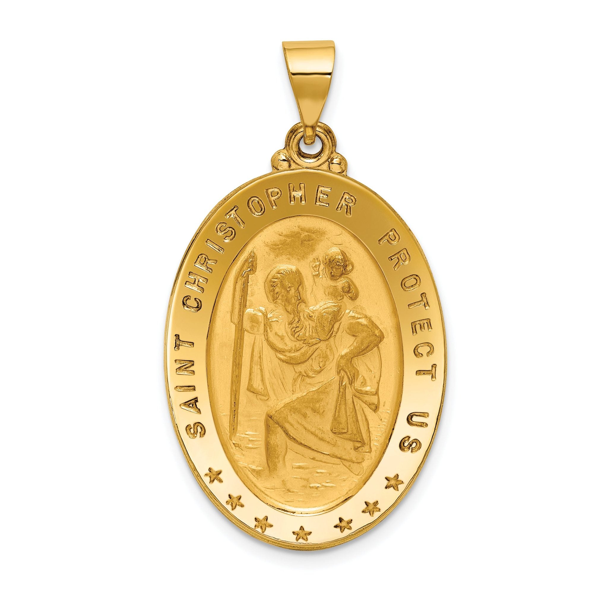 18k Polished and Satin Large Solid St. Christopher Medal Oval Pendant Main image